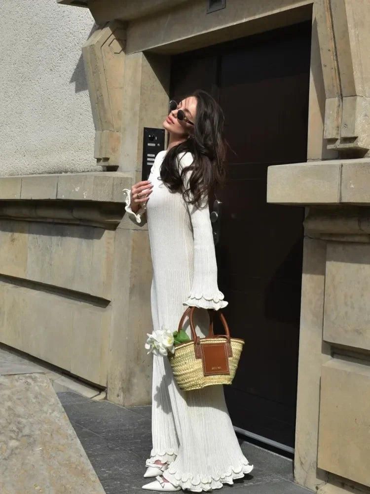 Elegant Ruffle Knit White Long Dress