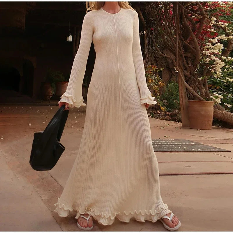 Elegant Ruffle Knit White Long Dress