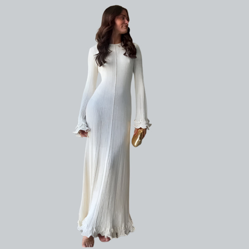 Elegant Ruffle Knit White Long Dress