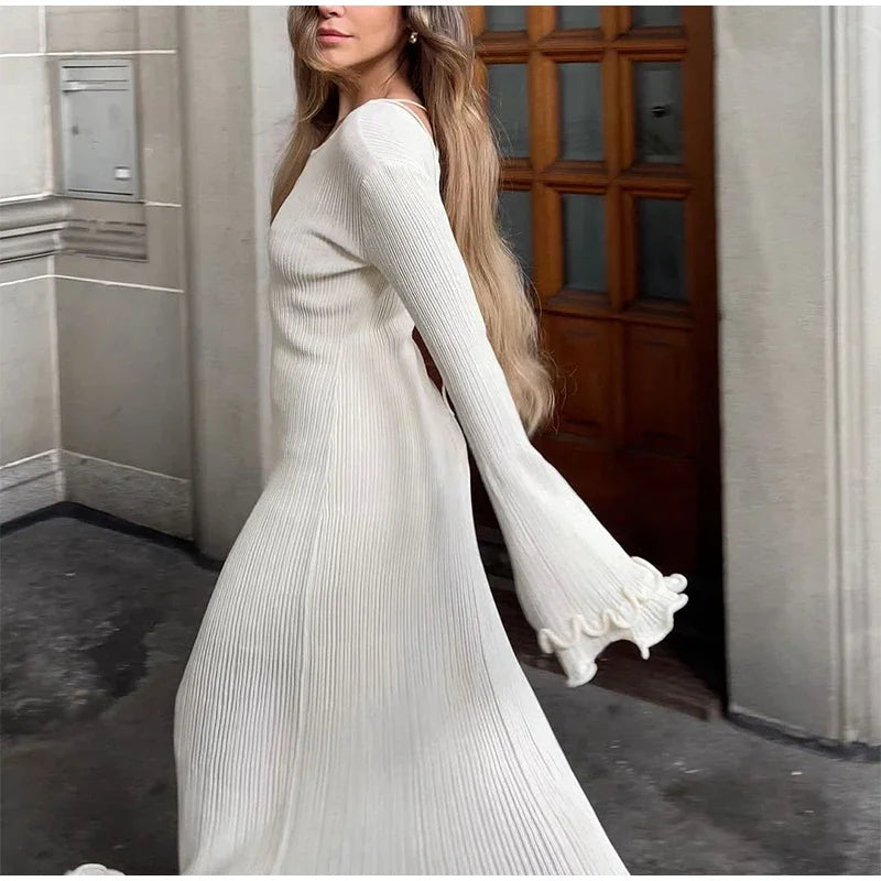 Elegant Ruffle Knit White Long Dress