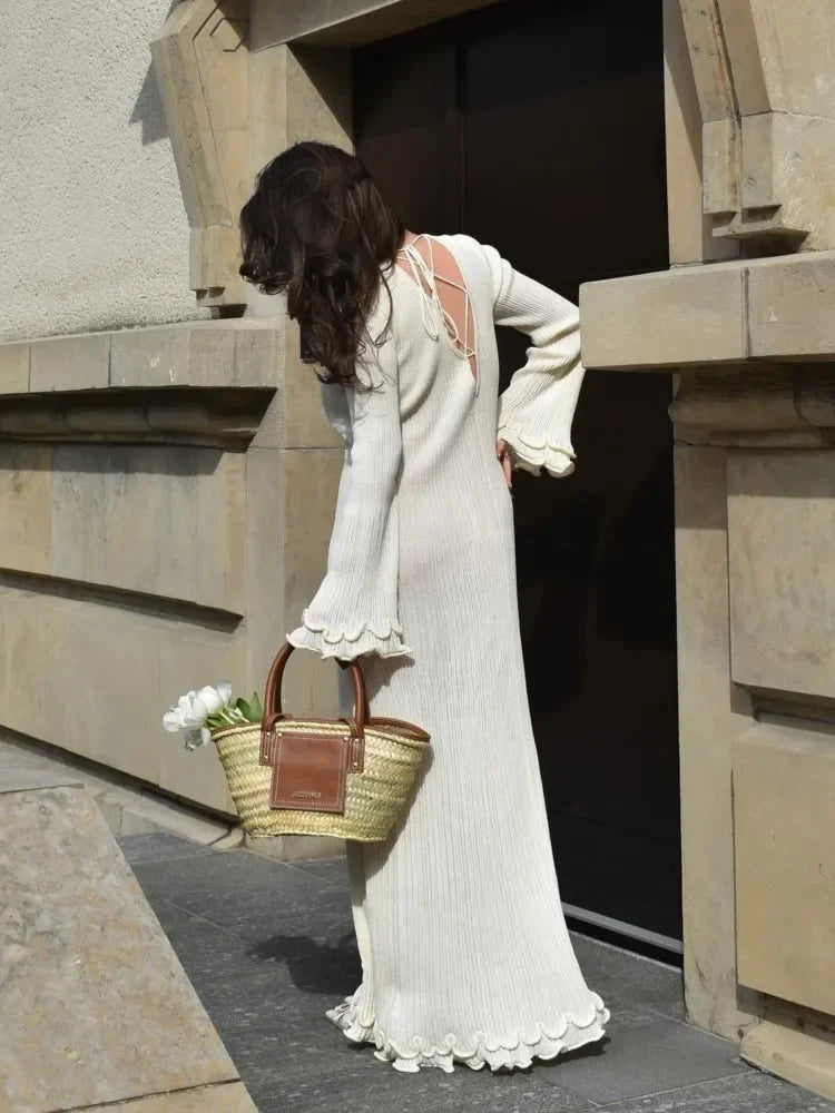 Elegant Ruffle Knit White Long Dress