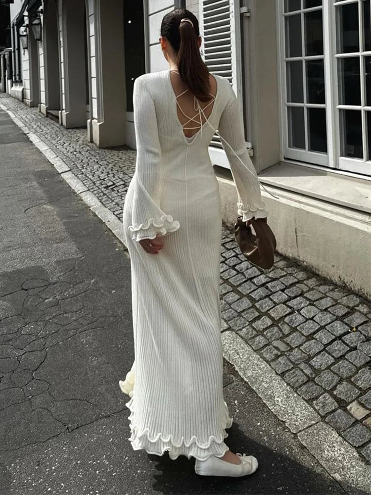 Elegant Ruffle Knit White Long Dress